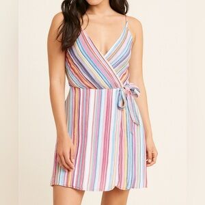 Staccato dress faux wrap mini rainbow striped fit flare side tie summer SZ LG